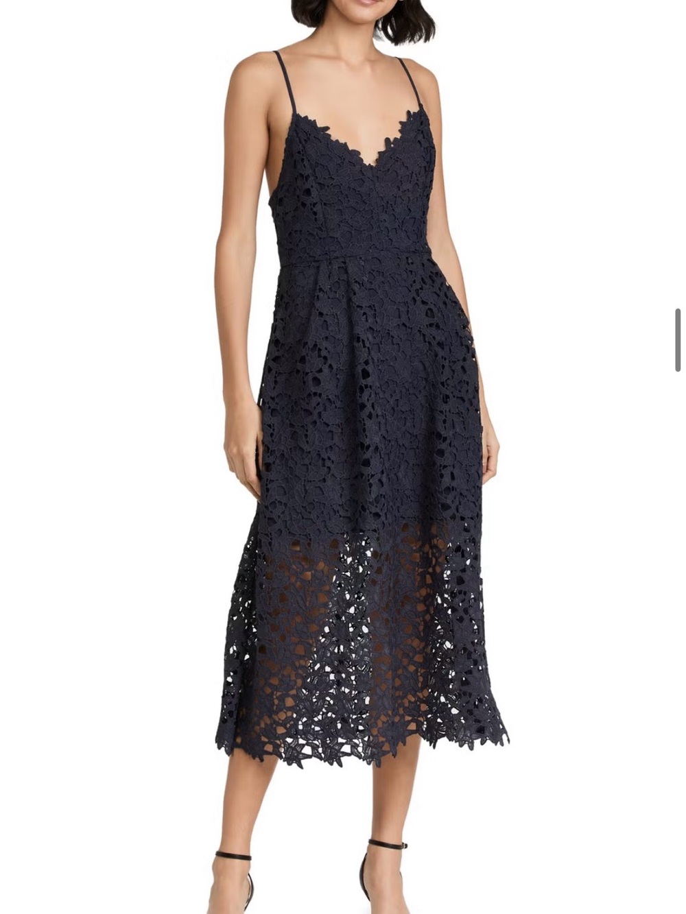 ASTR Lace Midi Dress with Scallop V-Neck - Navy Blue Small